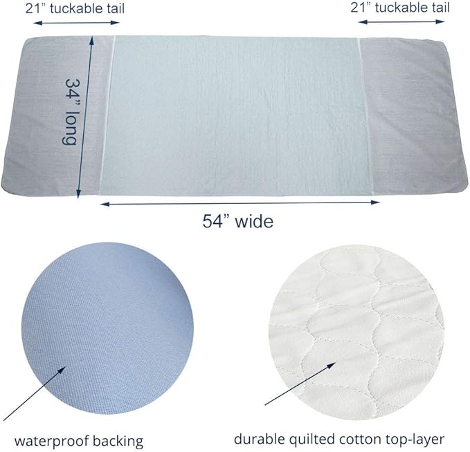2 Pack Cotton Top-Layer Reusable Tuckable Underpads Incontinence Bed Pads 34"X54" Full Size 21" Wings