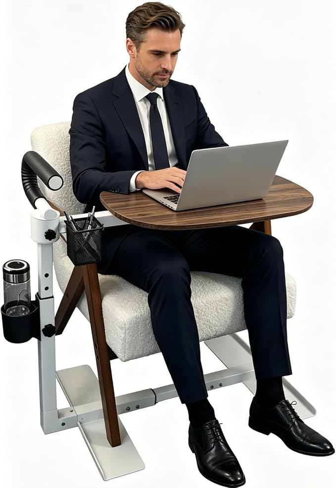 Adjustable Swivel Tray Table for Recliner, 360° Rotating TV Tray Table with Support Handle, Built-in Cup Holder & Metal Pen Holder, Height Adjustable Overbed Side Table for Seniors, Sofa, Bed, Eating, Working