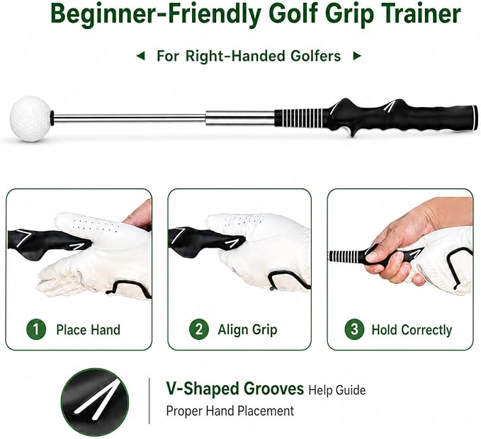 5-in-1 Retractable Golf Swing Trainer, Training Aid with Grip Trainer, Grip Correction for Beginners & Tempo Training for Advanced, Click Feedback, Right/Left-Handed
