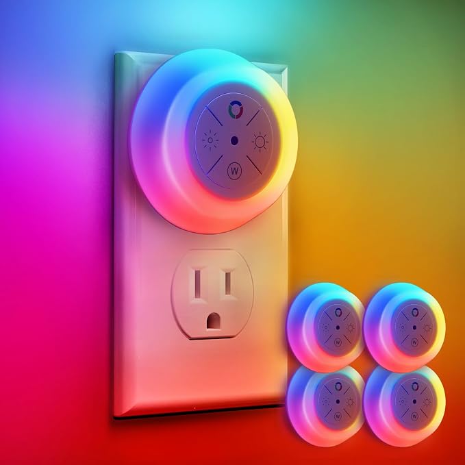 Dawnrise Night Lights Plug Into Wall with 12-Color Changing, 4 Pack | Dusk to Dawn Sensor Led Plug in Night Light Dimmable for Bedroom, Stairs, Kitchen, Hallway, Utility Room, Kids Room