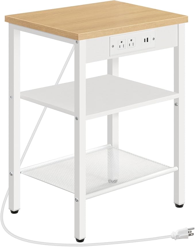 HOOBRO Side Table with Charging Station and USB Port, Small End Table for Small Space, 3-Tier Nightstand with Adjustable Shelf, for Living Room, Bedroom, Natural and White WN112BZ01