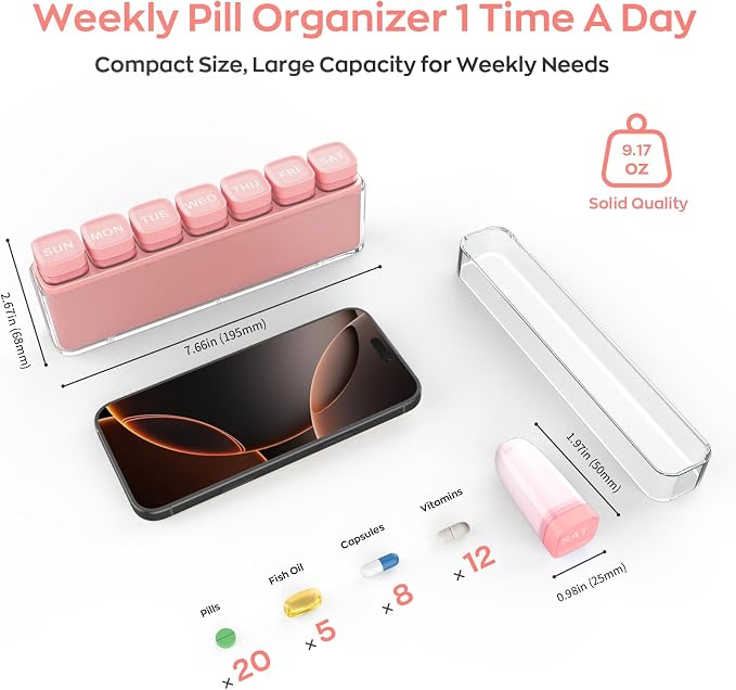 HIONXMGA Weekly Pill Organizer, Detachable 7-Color Pill Box, Easy Tracking | Portable Travel Pill Case Container for Daily Vitamin Supplement Fish Oil, Silicone-Seal, Lasting Labels, Quick Fill (Pink)