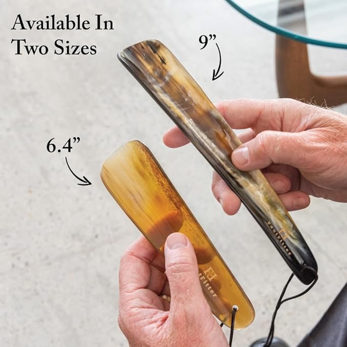 FootFitter Natural Bull Horn Shoe Horn with Leather Loop, Smooth Polished Shoe Assist Tool for Easy Slip-On Low Collar Shoes
