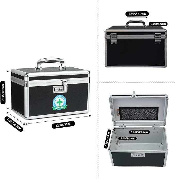 Medication Lock Box with Combination, Lockable Medicine Storage Box, Empty First Aid Box, Security Lock Box, Medical Organizer, Multipurpose Locking Box for Home and Outdoor (Black, Medium)