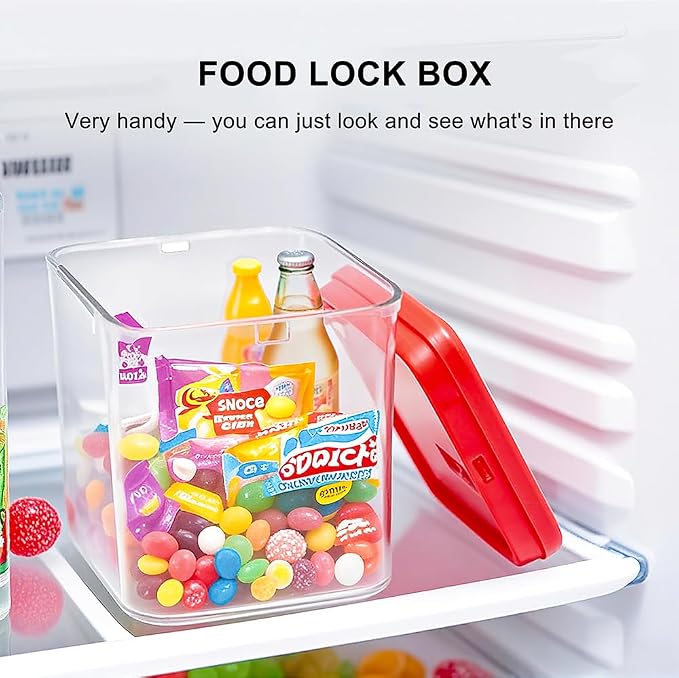 Clear Lockable Storage Box for Medicine Safe,Food Jar,Snacks,Phone - Secure Lock Box Refrigeator Container Bin Store Tank with Combination for Kitchen,Home,Office,Hospital (5.6×5.6×6.3 In) (Red)