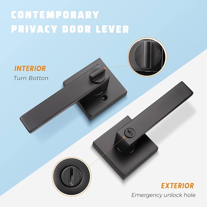 KNOBWELL Heavy Duty Privacy Door Handle Bath&Bed Interior Door Knobs Matte Black Door Handle, Left or Right Handing