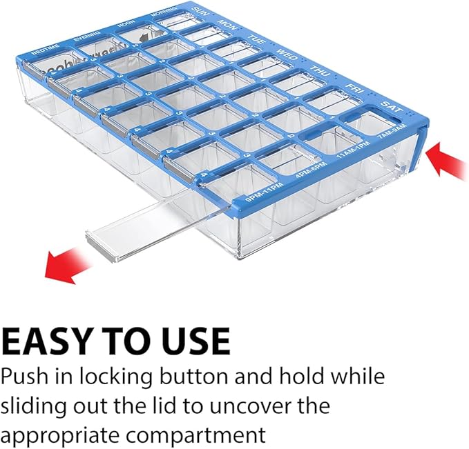 EZY DOSE Pill Organizer Weekly (7-Day), Medicine Planner, Vitamin Box, Small Compartments with Easy Fill Tray Case, 4 Times a Day, Easy to Use Containers, Clear Lids, Blue, BPA Free