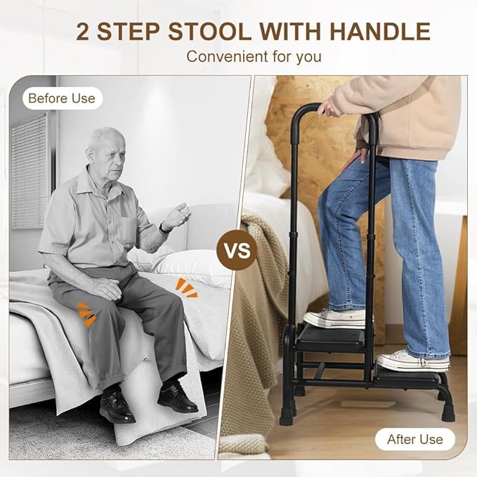 Step Stool with Handle, Heavy Duty 2 Step Stool for Elderly with Adjustable Handrail and Non-Skid Platform, Bed Steps for High Beds for Adults, Seniors, Handicap, Hold up to 400LBS