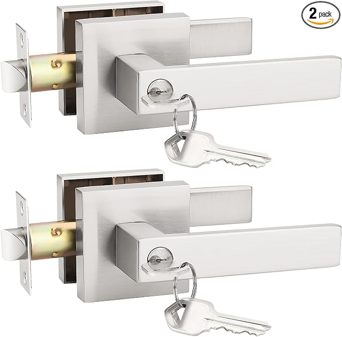 KNOBWELL 2 Pack Front Door Handles with Lock and Key, Lockable Door Knobs Entrance Door Lockset Brushed Nickel Square Door Levers(Same Key)