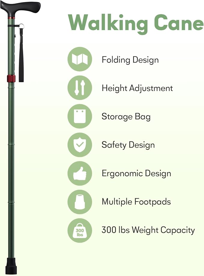 Foldable Walking Cane for Men & Women, Lightweight Aluminum Adjustable Cane with Ergonomic Handle, Non-Slip Rubber Base, Walking Sticks for Seniors Balance,Collapsible Cane for Assistance Travel