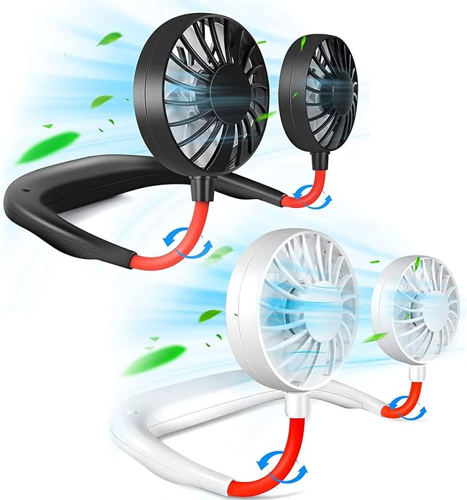 Portable Neck Fan Rechargeable Personal HandFree Fan Mini USB Wearable Neckband Sport Fan 3 Speed Adjustable 360 Degrees Rotation Perfect for Working Traveling Office Reading (2 Pack：Red Black+White)