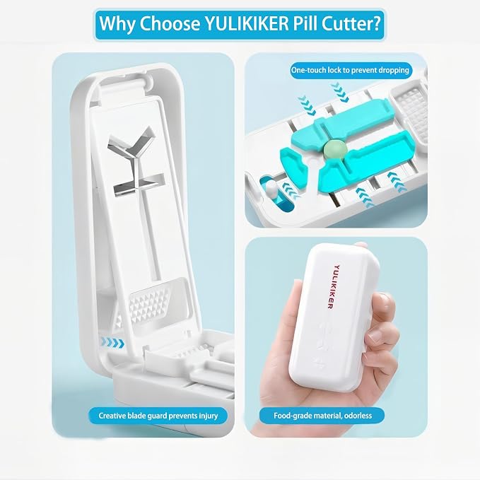 Pill Cutter 1/4 with Centering Device Safety Blades for Small and Large Tablets, 3 in 1 Version Works for Quarters, Thirds and Halves