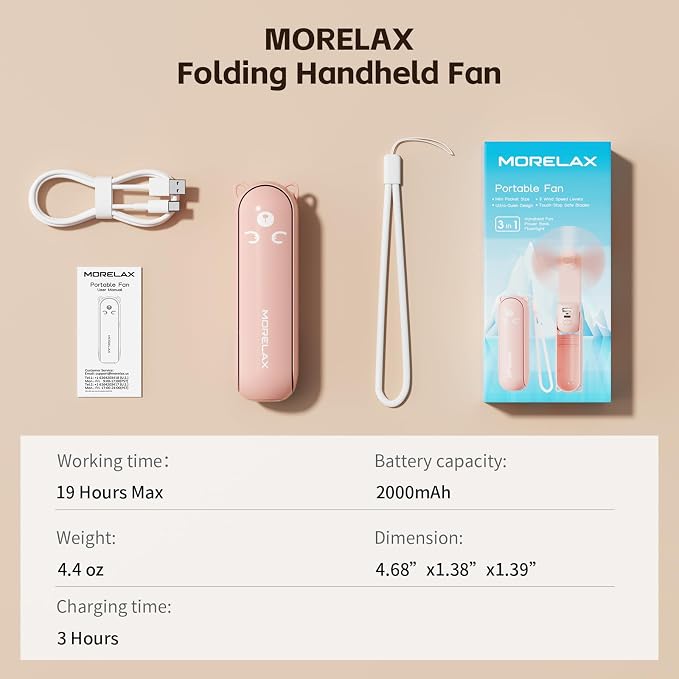 Morelax Portable Fan, Mini Handheld Fan with Power Bank, Cute USB Rechargeable Pocket Fan, Foldable Small Cooling Fan with LED Light, Personal Travel Fan,Summer,Beach Essentials,Summer Gift for Women