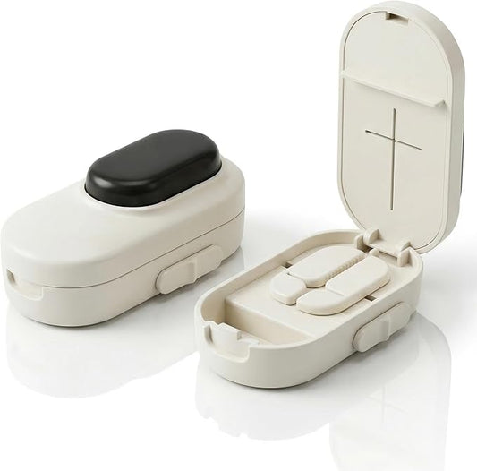 Pill Cutter for Small Tiny Large Pills, Accurate 1/2 & 1/4 Tablet Splitter with Safe Hidden Stainless Steel Blade, Easy Slicer for Vitamins and Medications