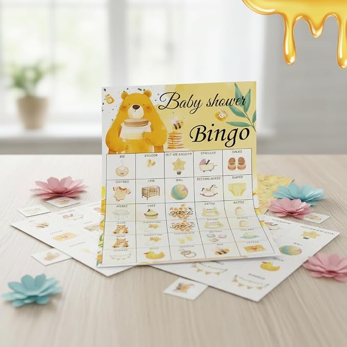 Baby Shower Bingo Game Cards Set for Guests Adults, Honey Bear Baby Shower Party Bingo Game Gender Reveal Bingo Game for Family Friends Large Group Activity, Favors Supplies Decorations