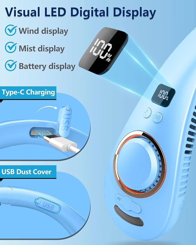 Personal Misting Neck Fan with Water Mist, Rechargeable 4000mAh Battery Powered, 5-Speed Neck Air with LED Display, Small Bladless Wireless Necklace Fans for Kids Adults Outside Work Sports, Purple