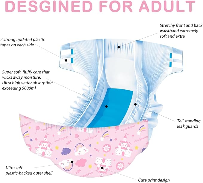 Landofgenie Adult Diapers Print Diaper 10 Count, 5 Patterns(L36-46) | 5000 mL Absorbency, Side Leak-Proof Barriers, Elastic Cuffs & Waistband