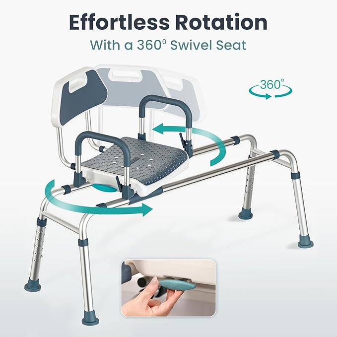 Sliding Shower Chair Tub Transfer Bench with Swivel Seat, Shower Bench for Elderly and Disabled, with Security Belt, 360 Rotation, Slides and Rotates, Adjustable,one Touch Slide Button, Dark Blue