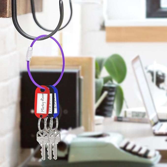 CooBigo 25 Pack Stainless Steel Loops 2mm Coated Wire Keychain Cable Large Key Rings 6 inch Key Chain for Women, Luggage Tags, Key Tags, Keyrings, Kitchen Utensils, Duster - Purple