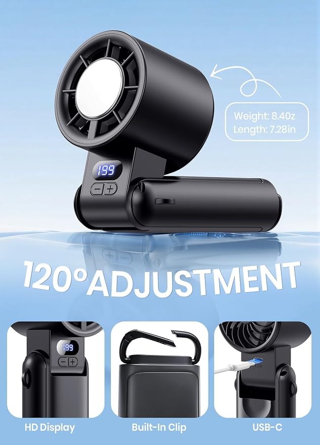 Portable Handheld Turbo Fan, 1-199 Speed Adjustable, Black | 4 IN 1 Pocket Design with LED Display, High-Power Motor, Rechargeable Battery, Mini Fans for Indoor/Outdoor/Travel/Work