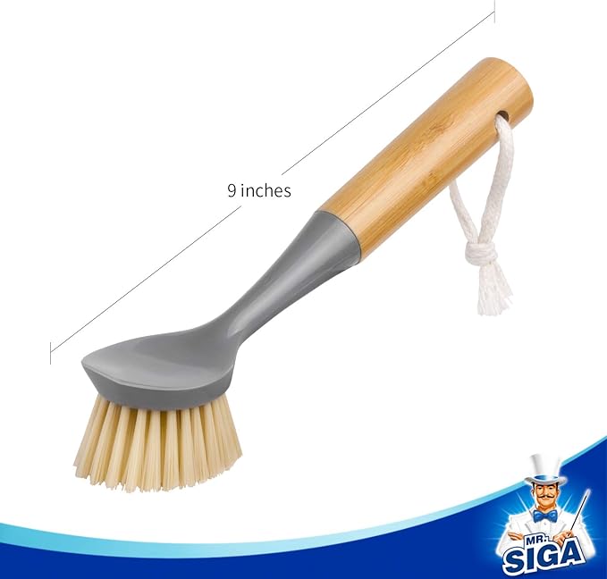 MR.SIGA Dish Brush with Bamboo Handle Built-in Scraper, Pack of 2 | Scrub brush for dishes, pans, pots, kitchen sinks cleaning, palm scrubber, palm scrub brush, dish scrubber with handle