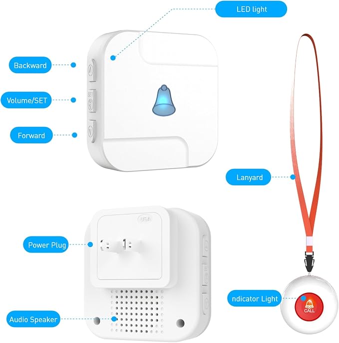 SanJie WiFi Caregiver Pager with Remote App Alerts & Family Sharing, IP55 Water-Resistant Call Button for Elderly at Home, Recovery Care & Night Care, 110dB Loud Alarm & 20 Chimes (Only 2.4GHz Wi-Fi)