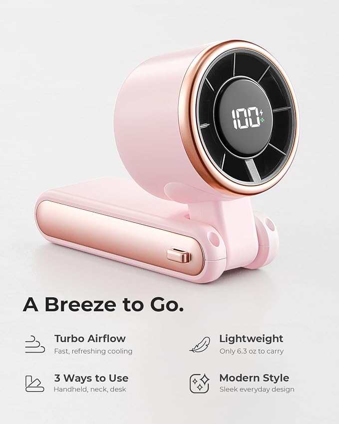 Portable Handheld Turbo Fan - 5 Gear High Speed 4000mAh Rechargeable Mini Personal Hand Fan Blow Cold Air, Battery Operated Travel Essentials, Beach Vacation, Gifts for Women, Men (Pink)