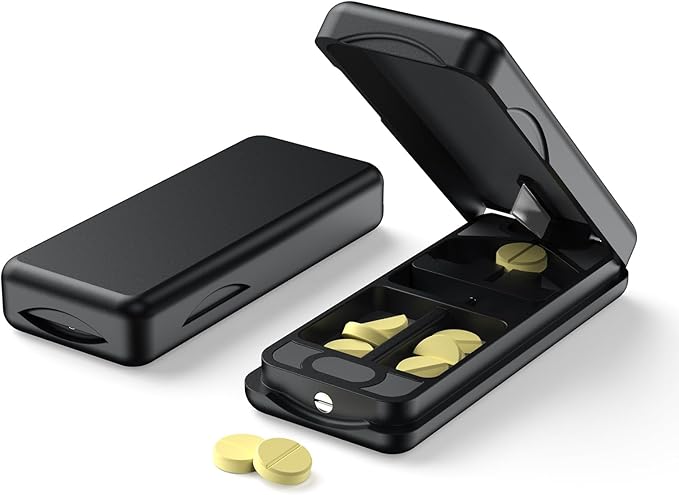 Pill Cutter with Auto Centering Device, Aluminum Pill Splitter with 316L Stainless Blade, Genuine Leather Case, Professional Pill Splitter for Cutting (Plastic,Black)