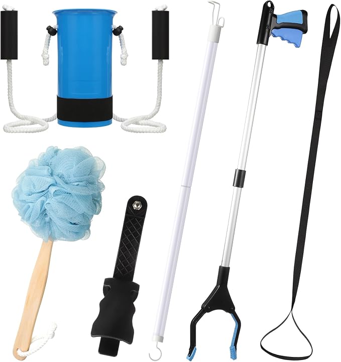 Domensi 6 Pcs Total Hip Kit with Leg Lifter Hip Back Knee Replacement Recovery Aid for Seniors Pregnant, 32'' Foldable Grabber Sock Assistant Device No Bending Shoe Horn Dressing Stick Bath Sponge