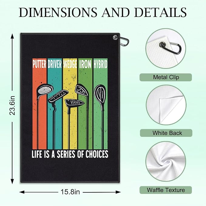 DYJYBMY Life is A Series of Choices Printed Golf Towel with Clip, Funny Golf Accessories for Men, Father's Day Appreciation Gifts for Husband Dad Father in Law Grandpa, Retirement Gofing Gifts