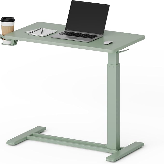 FLEXISPOT H7 28" Pneumatic Height-Adjustable Overbed Table with Wheels | C-shaped bedside table TV Tray,Medical End Side Table,Laptop desk for sofa and home office use,27.6"W x 15.7"D,Mint Green