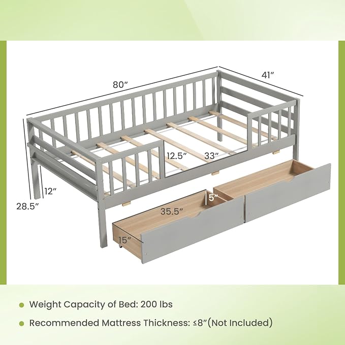 Giantex Twin Kids Bed with Storage Drawers, Wood Montessori Bed with Rails & Side Shelf, Low Daybed for Boys, Girls, No Box Spring Needed (Grey)