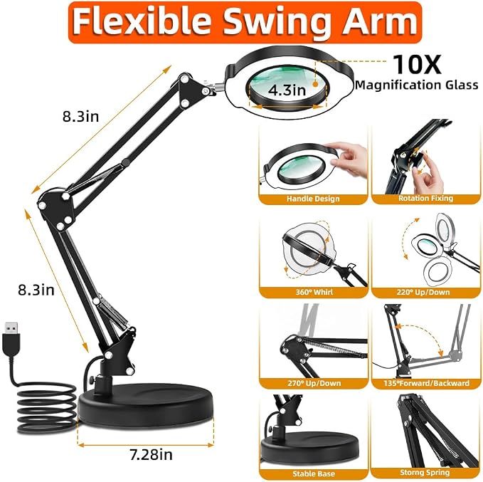 10X Magnifying Glass with Light and Stand, 2-in-1 Adjustable Swing Arm Desk Crafts Clamp Magnifier, Color Temperature LED Lighted Magnifierfor Close Work,Sewing,Crafts,Hobbies,Reading