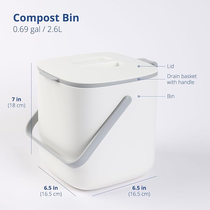 Blue Ginkgo Kitchen Compost Bin, 2.6L Countertop Compost Bin, White | Odor-Tight. Filter-Free. Dishwasher Safe.