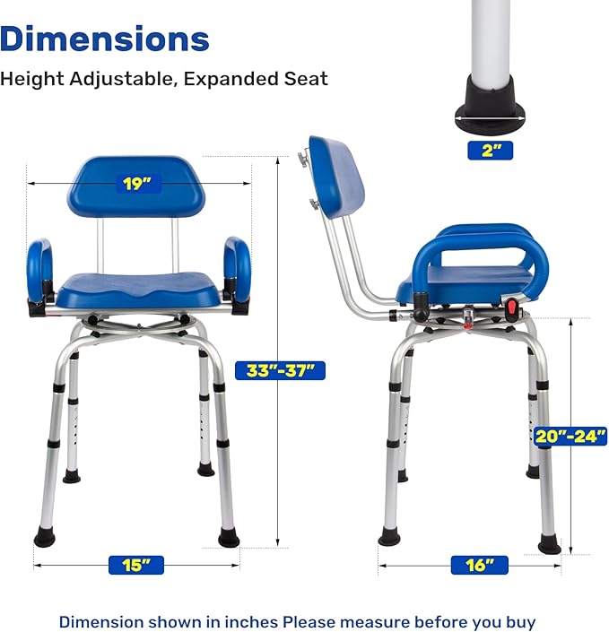 360° PU Padded Swivel Shower Chair-Bath Tub Transfer Bench, 20-25in Adjustable Height, Drop Arms & Anti-Rust Aluminum Shower Chair for Elderly and Disabled, Safety Bench for Bathtubs & Showers