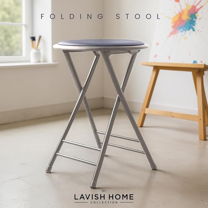 Lavish Home Folding Stool with Padded Backless Seat, Gray, 24 Inch | Counter Height Bar Stools with 225lb Capacity, Portable Indoor & Outdoor, Extra Seat for Kitchen, Rec Room or Camping
