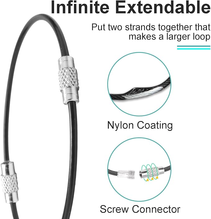 CooBigo 25 Pack Cable Key Ring 4 Inch Luggage Tag Loops Wire Key Chain Cable 2mm Key Rings for Car Keys Wire Keychain Dog Tag Ring - Black