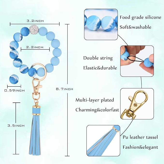 BAOSIWA Silicone Beaded Bracelet Keychain Wristlet Key Ring Bangle Chains for Women with Leather Tassel