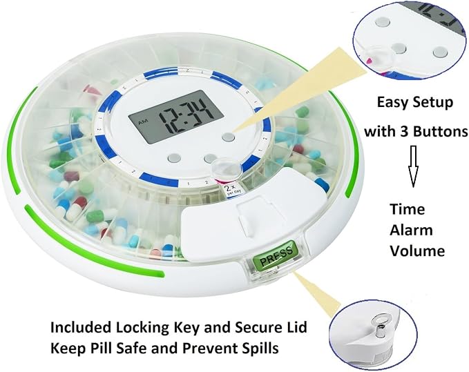 Automatic Pill Dispenser for Elderly with Alarm, Lock 28-Day Medication Dispenser, 6 Dosage Templates, Sound & Light Alerts & Key for Vitamins, Supplements (Clear Lid)