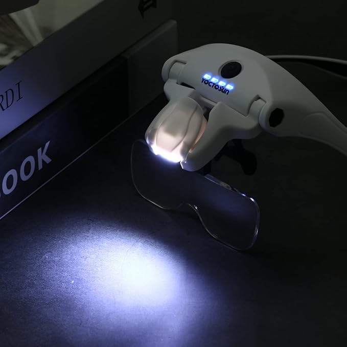 YOCTOSUN Magnifying Glasses with 4 LED Lights, Head Mount Magnifier with Storage Case,5 Lenses, Headband, Hands Free Lighted Head Magnifying Visor for Hobby Crafts & Close Work