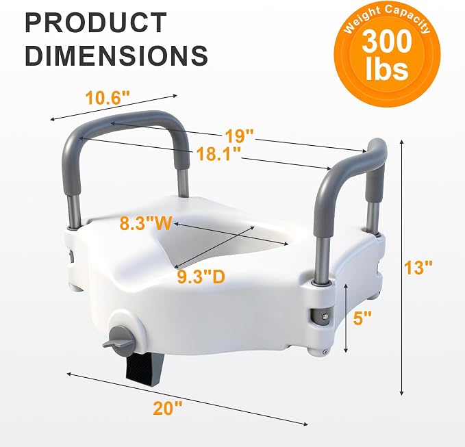 Raised Toilet Seat with Handles, Toilet Seat Riser for Seniors | Adjustable Height & Width, Cozy Padded, 300lb Capacity, Handicap Toilet Seat for Elderly