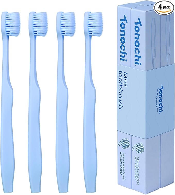 Max Extra-Soft Toothbrush for Adults Sensitive Gums – Gentle Bristles, Wide Angled Head for Back Teeth, Ergonomic Non-Slip Grip, BPA-Free Handle, Individually Wrapped, 4-Pack(Blue)