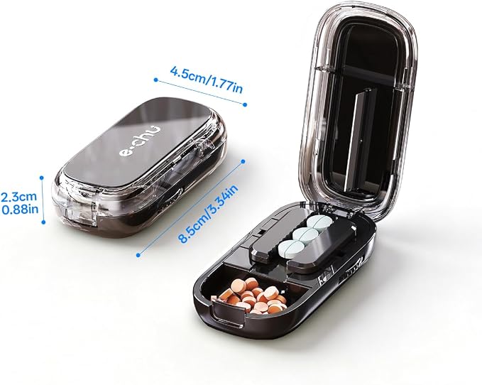 Pill Cutter Splitter for Small and Tiny Large Pills,Adjustable Pill Splitter Push-Button Cuts into 1/2, 1/3, 1/4，Comes with a Small Brush and a Medicine Storage Box (Black, 1/2 Slice)