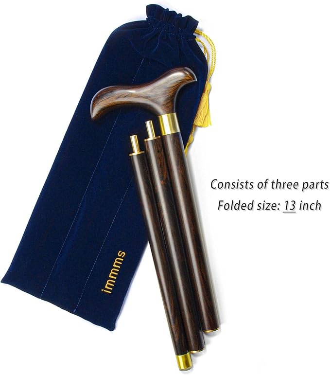 Folding Wooden Walking Cane for Men – 3-Piece Solid Wood Walking Stick with Brass Joints, Portable Travel Cane with Carry Bag, Wrist Strap & Gift Box