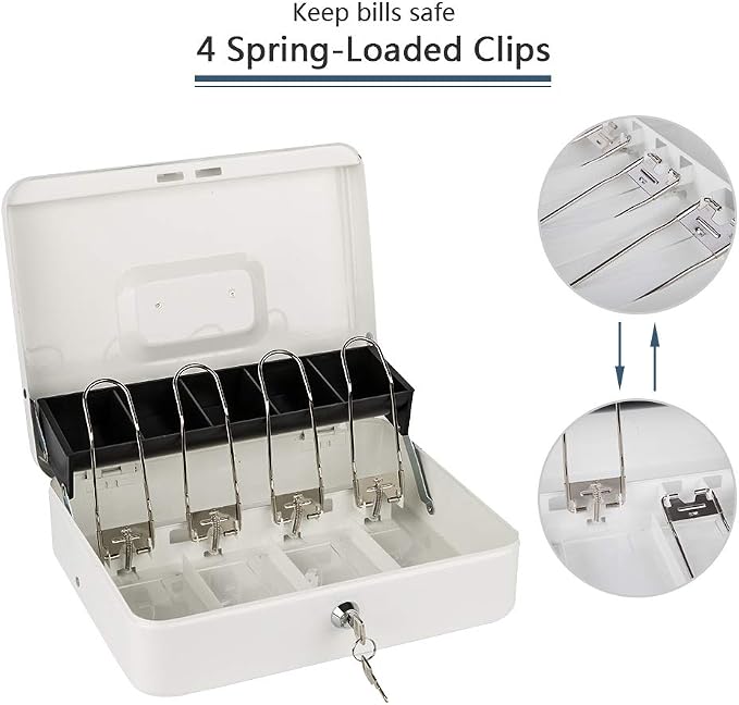 KYODOLED Locking Cash Box with Lock,Money Box with Cash Tray,Lock Safe Box with Key,Money Saving Organizer,11.81Lx 9.45Wx 3.54H Inches,White XL Large