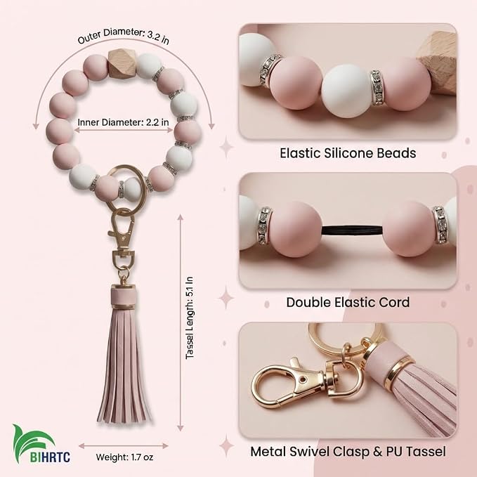 BIHRTC Key Ring Bracelet Car Keychain Holder Wristlet Silicone Women Beaded Bangle Chains