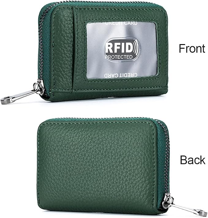 Genuine Leather Credit Card Wallet Accordion Zipper Rfid Credit Card Holder Small Coin Purse with ID Window (green)