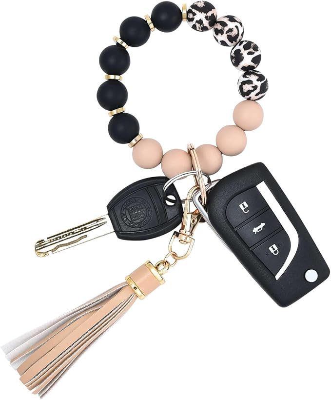 BAOSIWA Silicone Beaded Bracelet Keychain Wristlet Key Ring Bangle Chains for Women with Leather Tassel