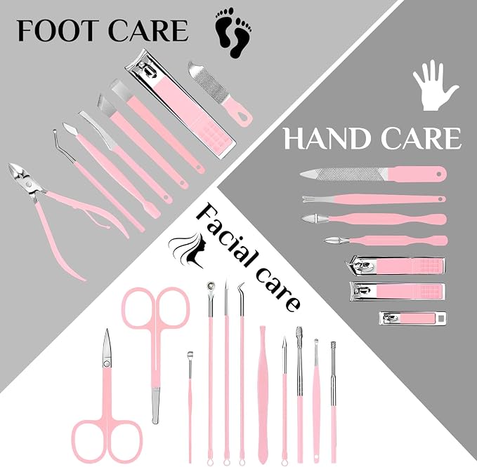 MINKINH 26-Piece Manicure Set for Women, Pink At-Home Nail Care Kit | Carbon Steel Nail Clippers, 410 Stainless Steel Tools, PU Organizer Case for Pedicure, Cuticle, Facial and Daily Self-Care