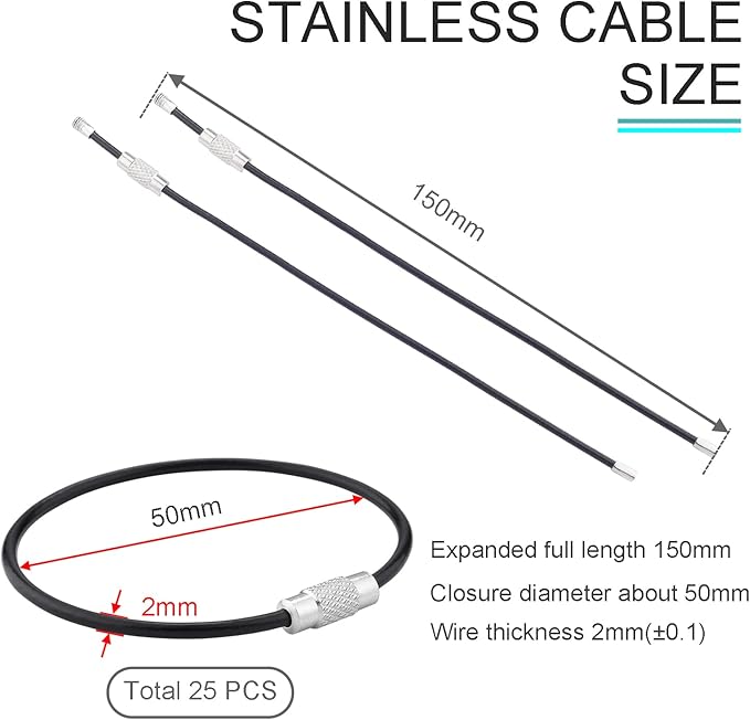 CooBigo 25 Pack Stainless Steel Loops 2mm Coated Wire Keychain Cable Large Key rings 6 inch Key Chain for Women, Luggage Tags, Key Tags, Keyrings, Kitchen utensils, Duster - Black